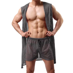 Men's Mesh House Robes Fishnet Hooded Sleeveless Bathrobes Dressing Gown Nightwear Hollow Out Mens Robe Kimono Robes Sleepwear