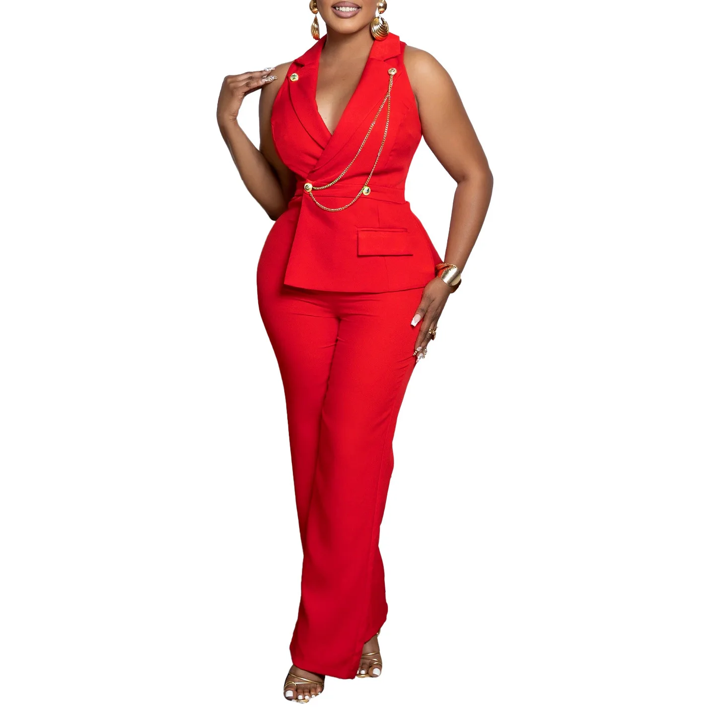 

plus Size Women's Rer Sexy Faion Chain Casual Wide Leg rican One-Piece High Waist Long Pants Polyester Fabric