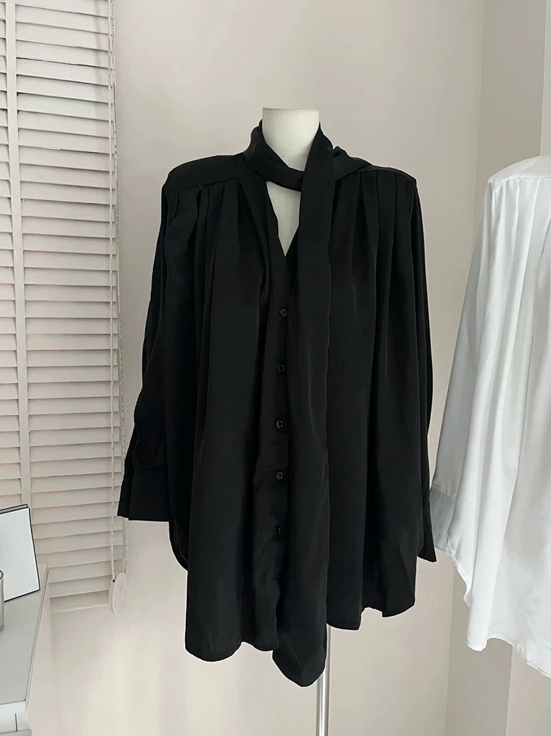 Loose Silken Sash Shirt Dress Women's Spring Autumn Design Elegant Top Female Long Sleeve  Collar Button Mid-Length