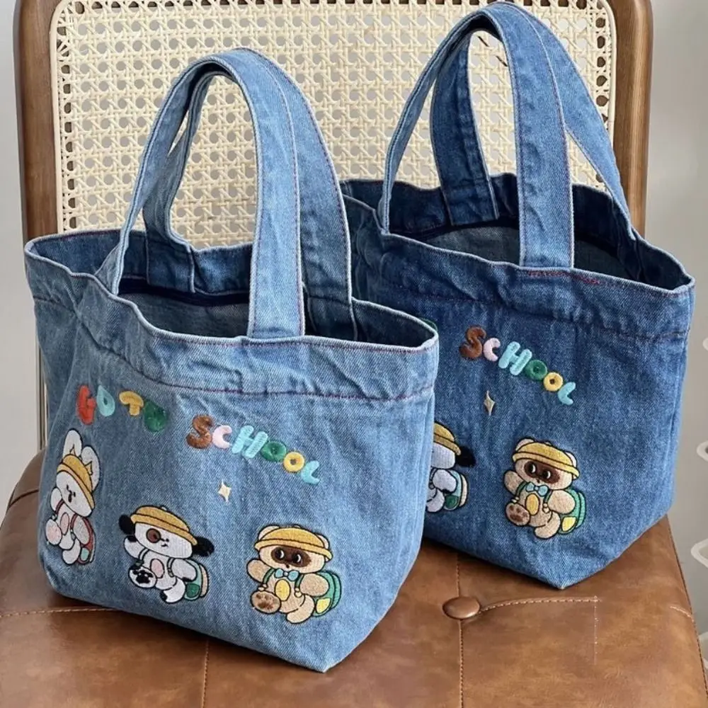 

Portable Washed Denim Lunch Bag Large Capacity Cartoon Embroidery Handbag Food Storage Picnic Pouch School