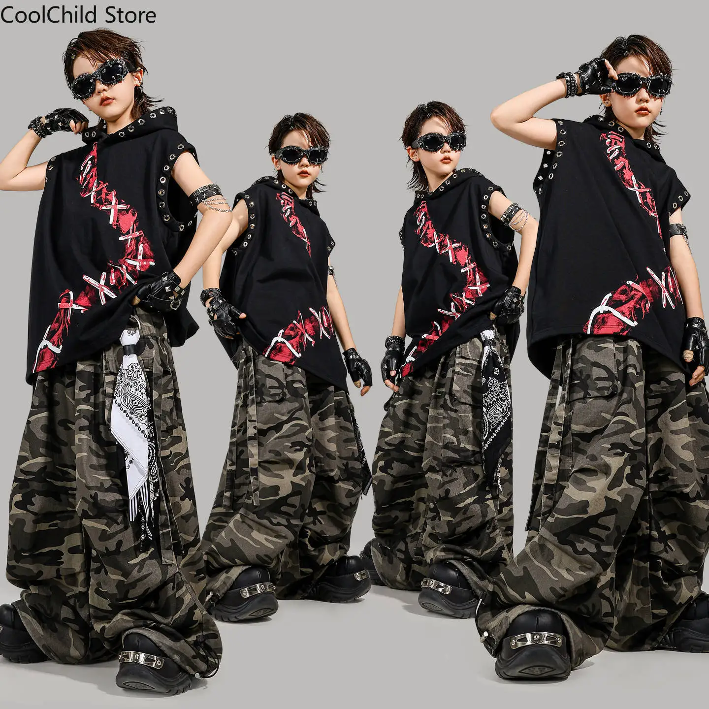 

Крутые толстовки в стиле хип-хоп для мальчиков, камуфляжные штаны-карго для уличных танцев, жилет с капюшоном K-pop для девочек, костюм, детская уличная одежда, комплекты детской одежды