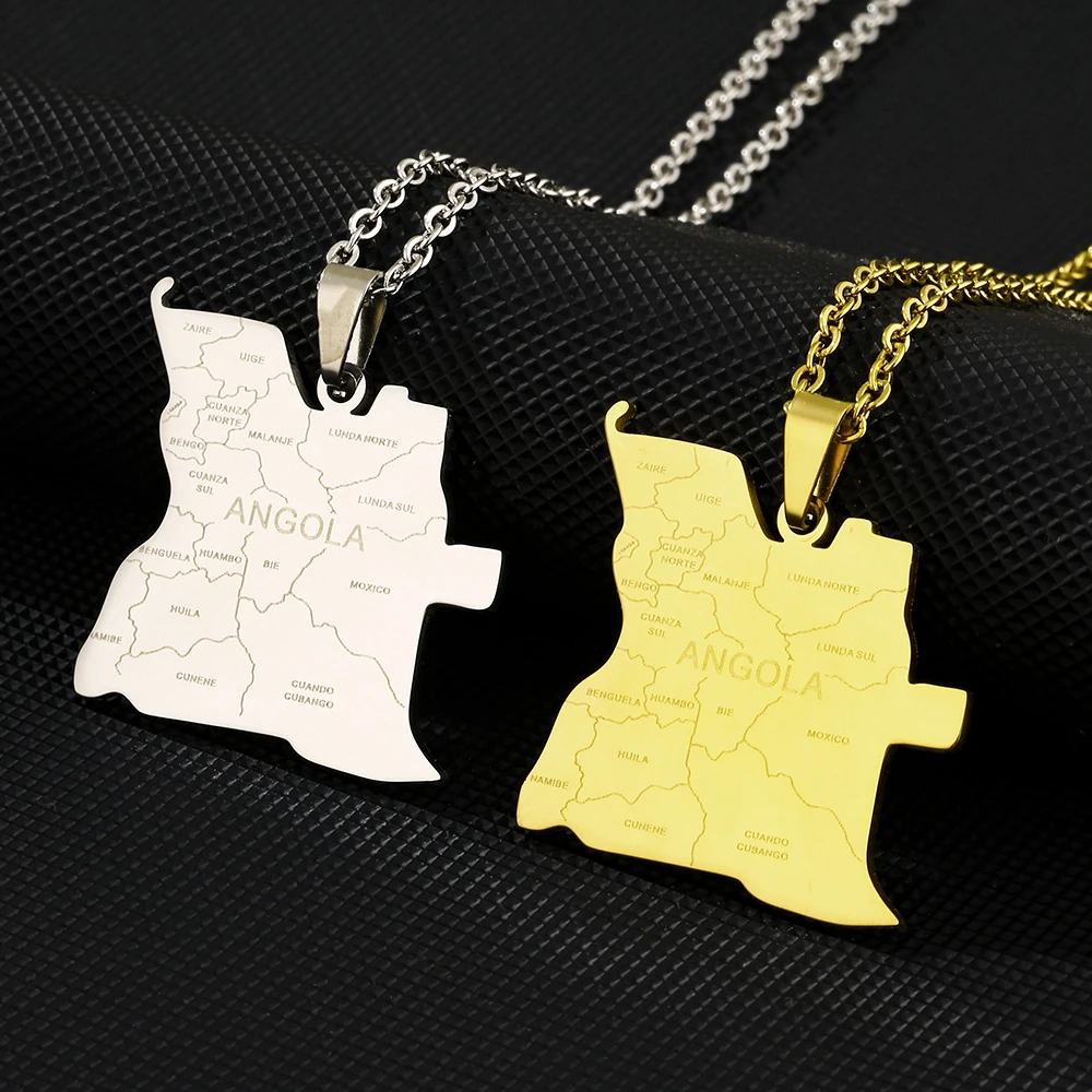 

2025 Trendy US EU Hot Sale Stainless Steel Angola Map City Name Pendant Necklace Unisex Couple Ethnic Style Patriotic Jewelry