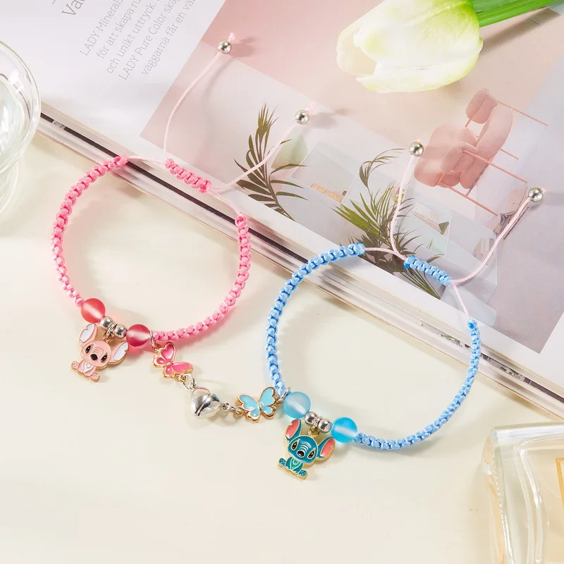 Disney Anime Figurka Lilo & Stitch Charms Zestaw bransoletek Cartoon Stitch Love Magnet Rope Chain Wristband Kids Toys Prezent urodzinowy