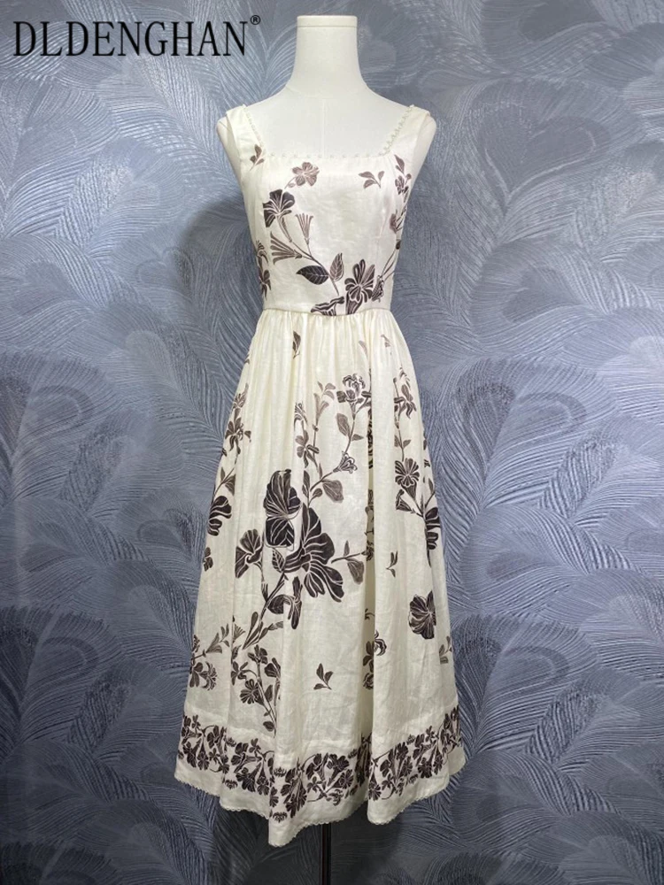 

DLDENGHAN Women Spaghetti Strap Sleeveless Beading Flowers Print Elegant Party Cotton Backless Dresses Fashion Spring New