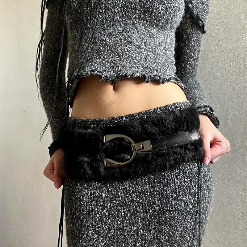 Vintage Brown PU Leather Fur Belt Y2K Hook Furry Fur Belt Cowgirl Gothic Punk Sexy Belts HipHop Waistband Jeans Pants Decor