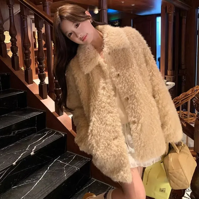 Women Korean Style Lapel Faux Shearling Lamb Fur Coat, Elegant Thick Warm Furry Jacket, Versatile Outerwear for Autumn & Winter