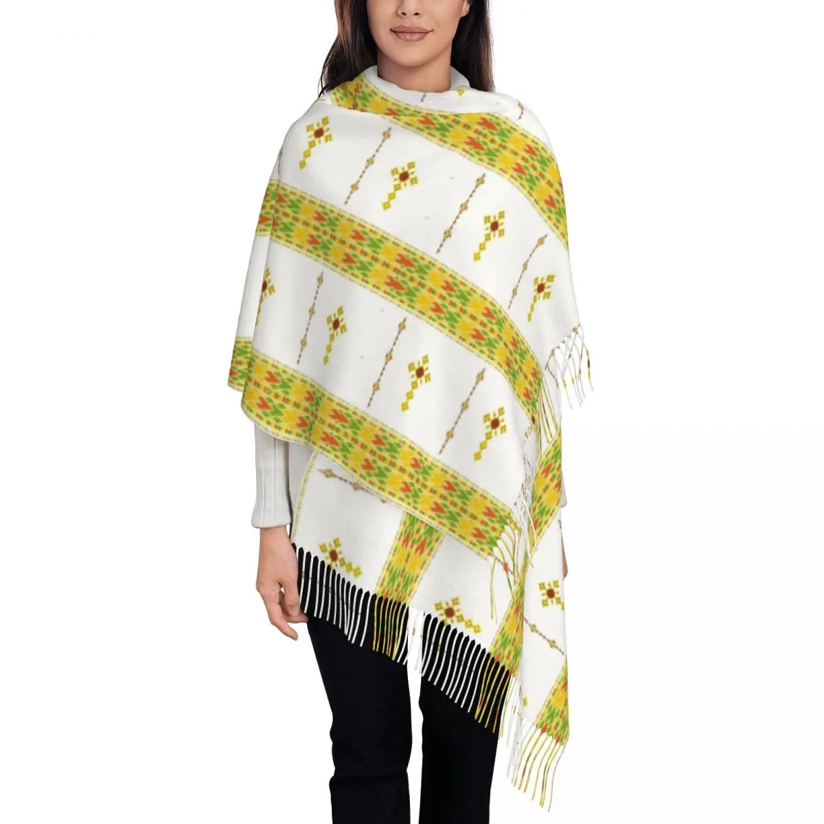 Ethiopian Habesha Tibeb Telet Scarf Women Winter Cashmere Shawl Wrap African Art traditional Long Scarves Tassel Lightweight