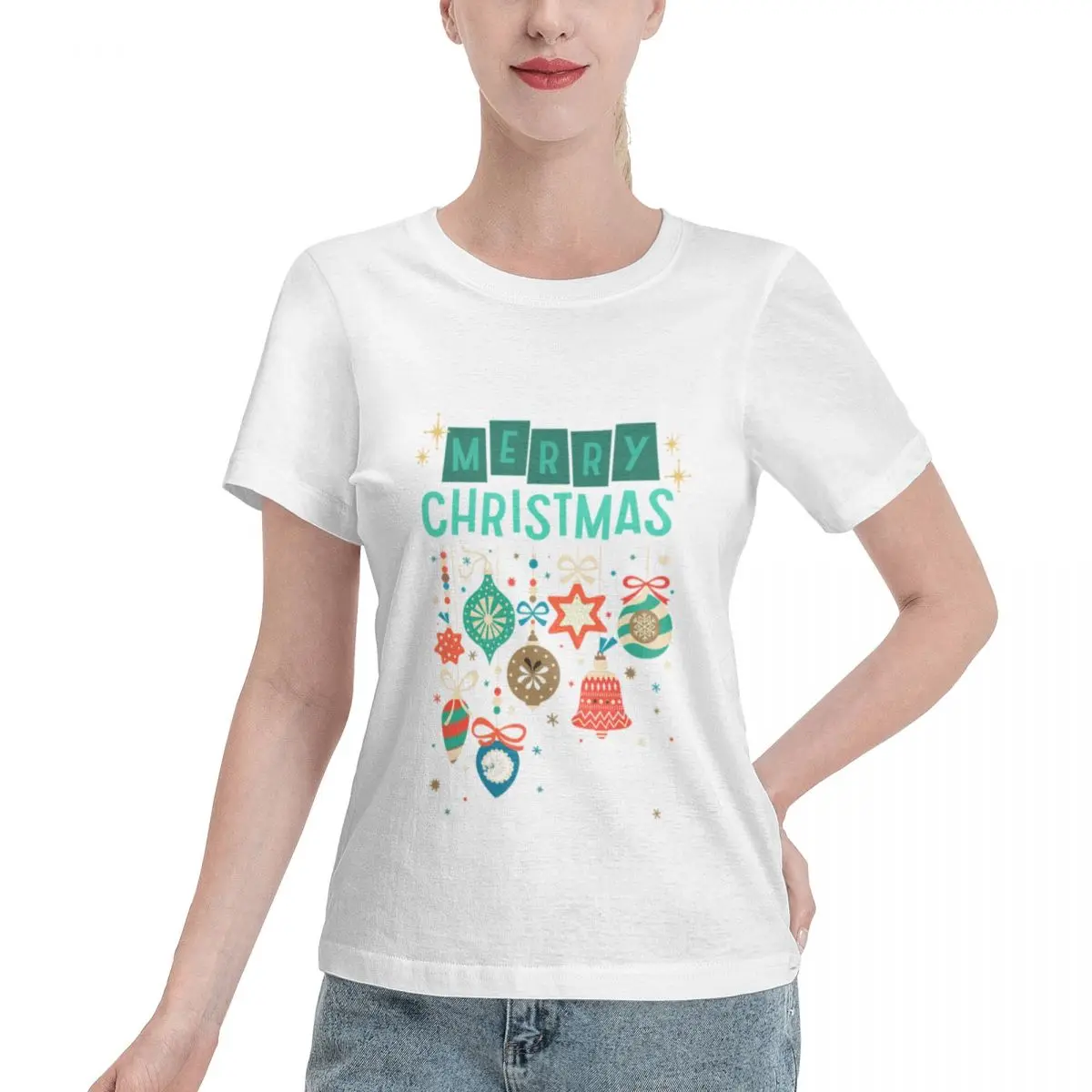 Free Matching Merry Christmas Ornaments Design Retro Women's T-shirt Luxury Women T-Shirt