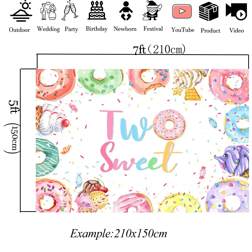 Mocsicka-Fondo de fiesta de dos cumpleaños para niña, Donut dulce, pancarta, helado, fondo de dulces, decoración de mesa de postre, fotomatón