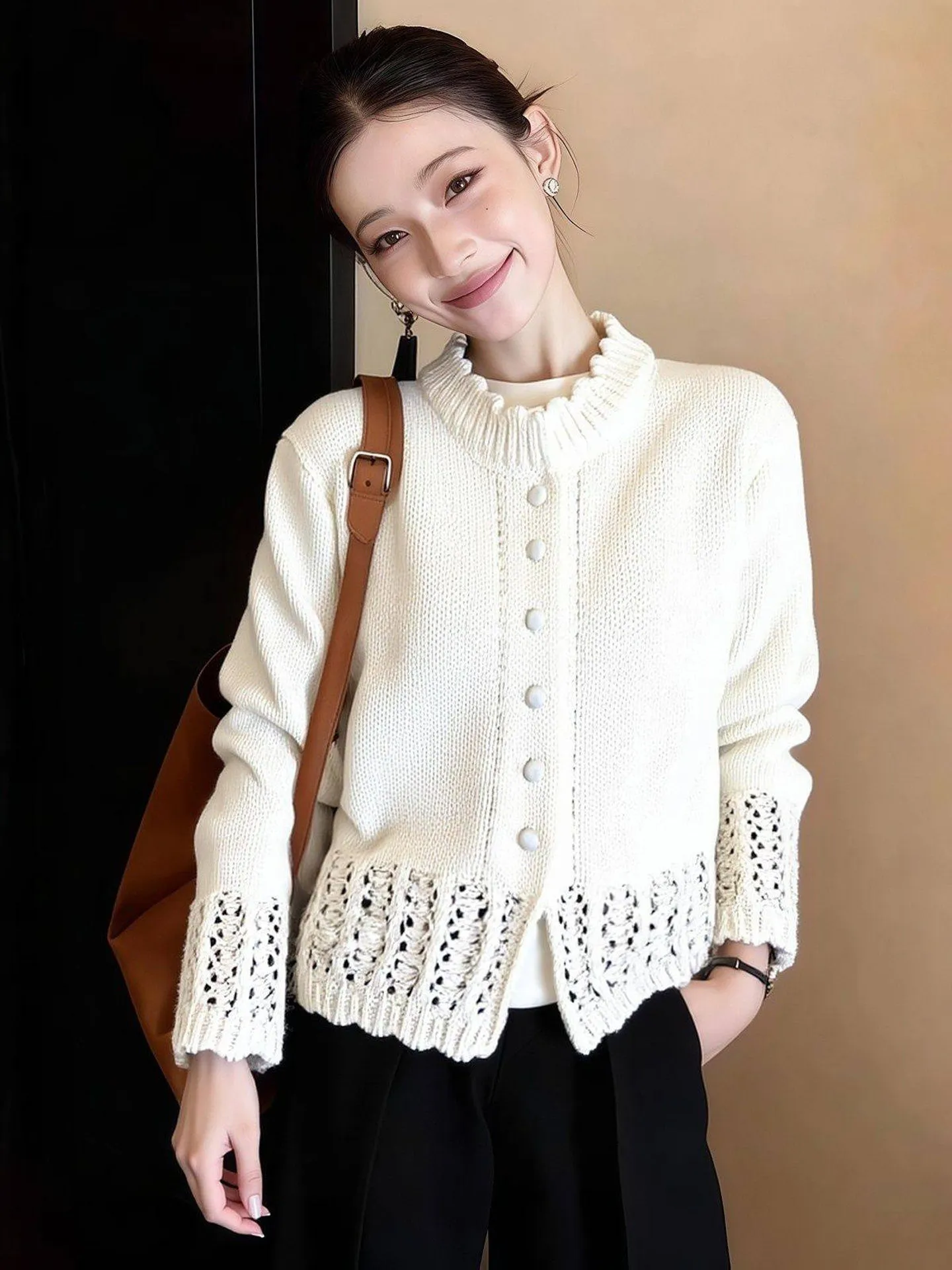 

French Sle Knitted ort Sve Open Cardigan Women's Softn Spring Hollow out Lace round Ne Loose Fit Trendy Sweater