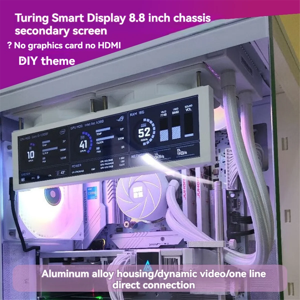 ABZDD Turing 8.8Inch IPS Type-C Secondary Monitor - Smart Display Case for CPU, GPU, RAM Monitoring with USB Interface White