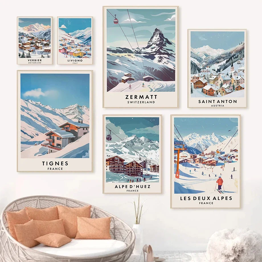 Famous Ski Resorts Travel Posters France Alpes Saint Anton Snow Mountain Prints Canvas Painting Wall Art Picture Home Room Decor