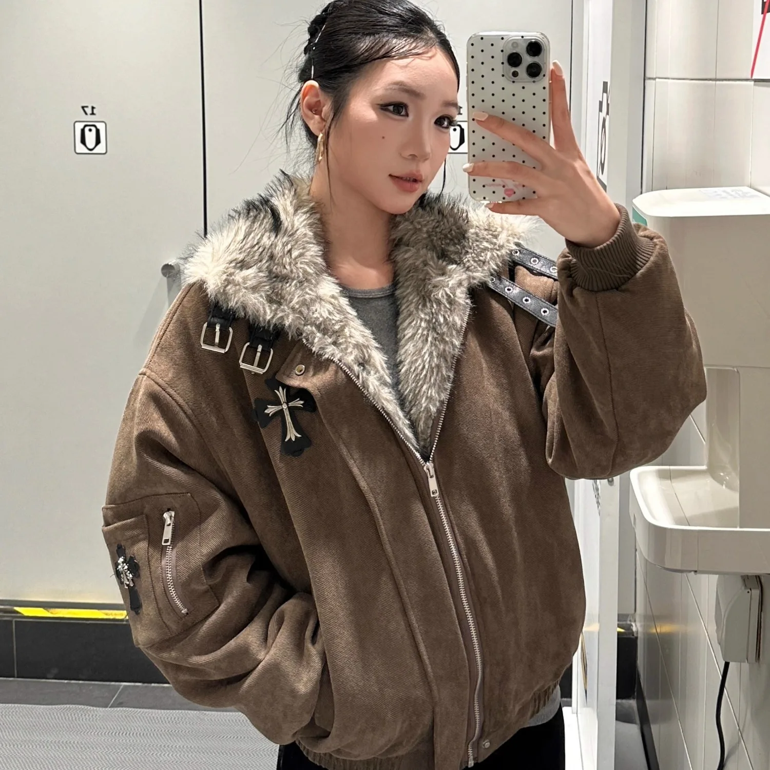 

Thiened Warm Outerwear Jaet for Men And Women Crossbody Coat with Fur Collar Loose Fit Cotton Padded Autumn Winter Coat