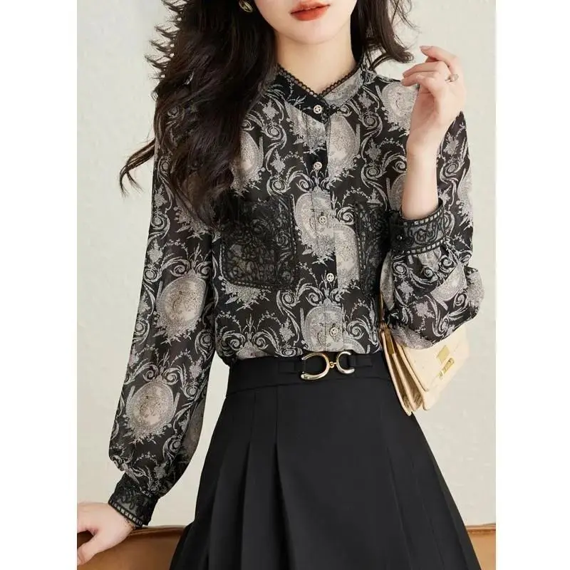 Blusa de manga larga con cuello levantado para mujer, camisa con estampado de botones, encaje Floral, bolsillo, cómoda, verano y otoño, 2024