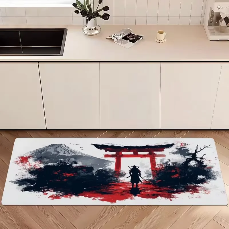 Ink Samurai Torii Mount Fuji Long Runner Rug Traditional Oriental Art Print Non Slip Floor Mat Hallway Kitchen Decor