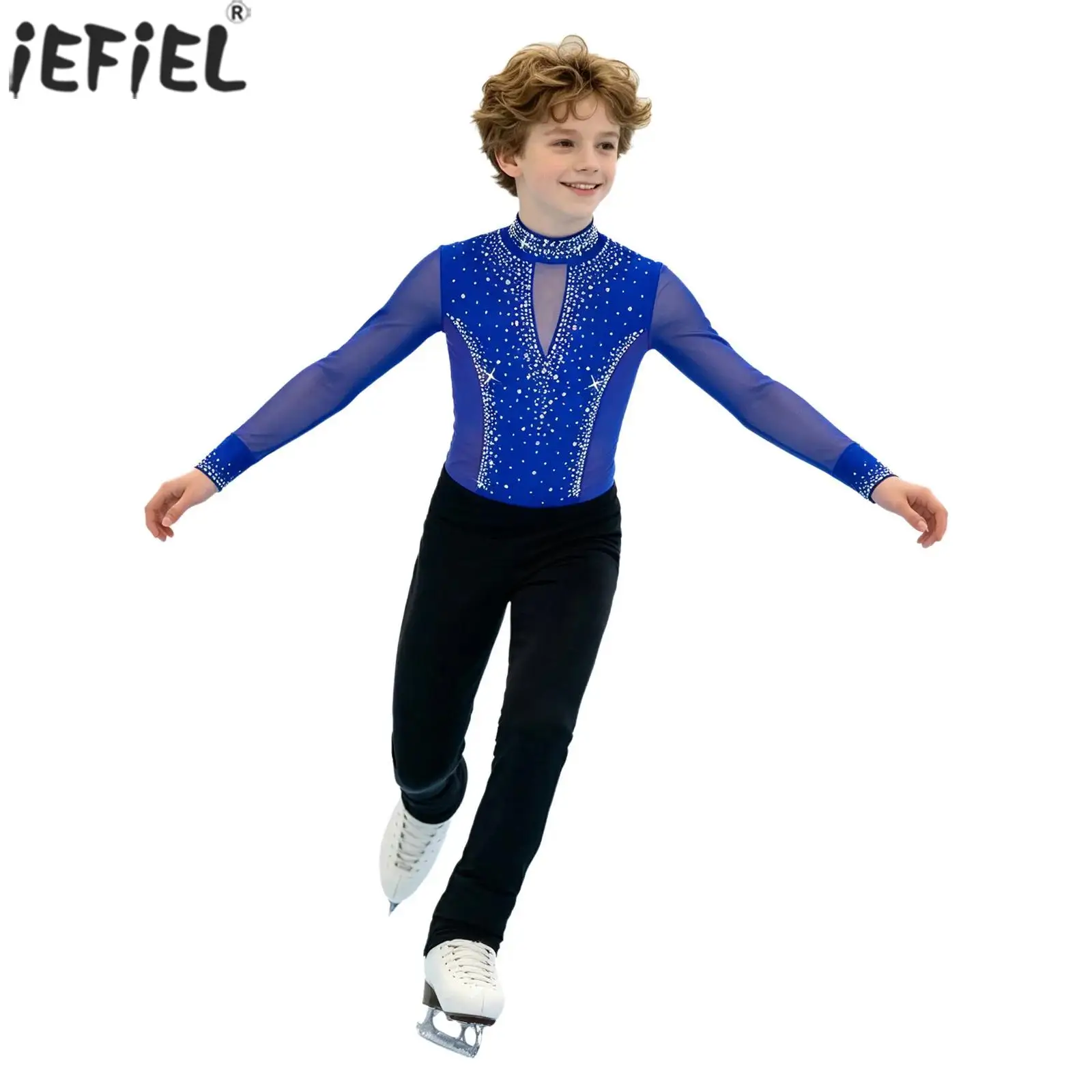 Kids Boys Gymnastics Leotards Latin Tango Samba Dance Bodysuit Long Sleeve Mesh Shiny Rhinestone Ballet Figure Skating Unitards