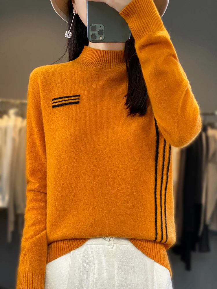 Autumn Winter 100% Merino Wool Women's Sweater Mock-neck Pullover Cashmere Knitwear Clothing Korean Popular Female Jumper Tops