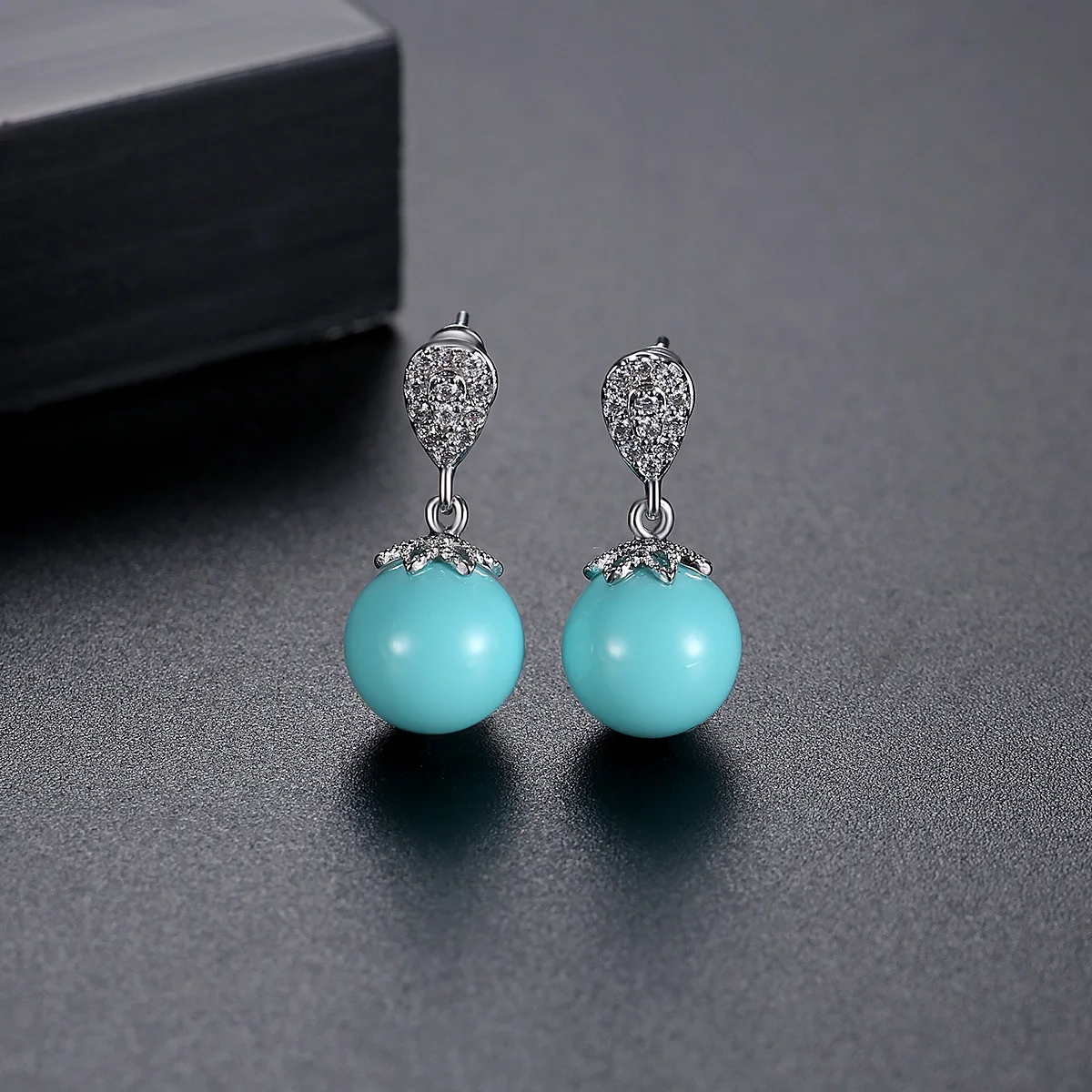 LUOTEEMI Sweet Sky Blue Color Glass Ball Waterdrop Pendant Earrings for Women High Quality Cubic Zirconia Girl Christmas Gifts