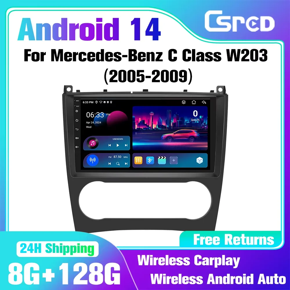 Csred 4G Android 14 Auto Radio for Benz C Class W203 2005-2009 Car Multimedia GPS navigation 2din Wireless CarPlay Auto IPS