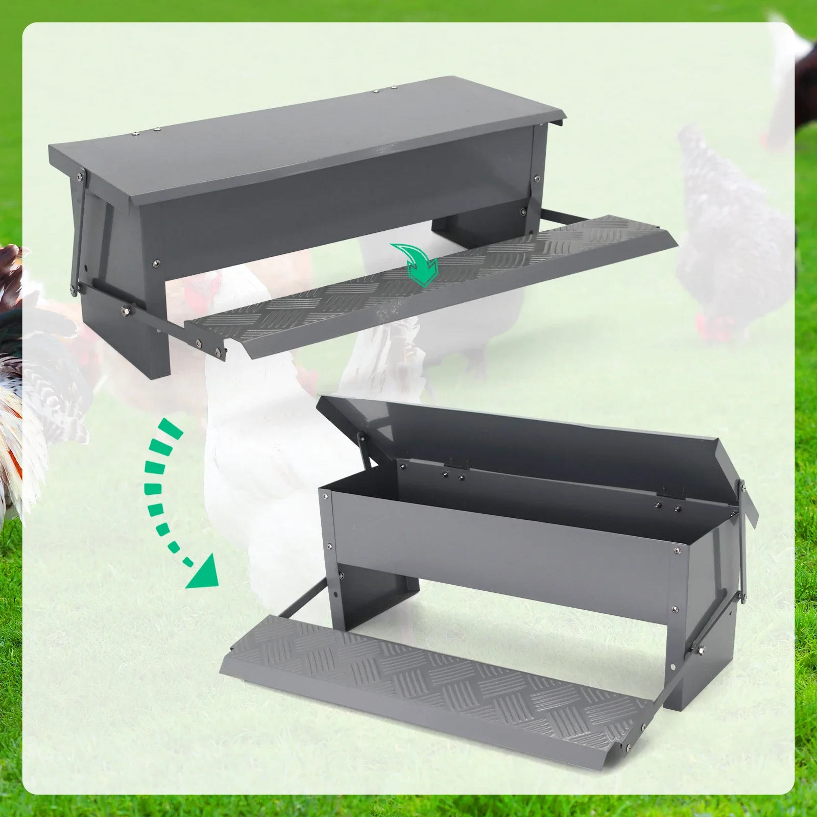 Chicken Feeder Poultry Treadle Iron Spray Paint Trough for Rooster Pheasant Chicken Outdoor Coop Rat Proof with Weatherproof Lid - view 6