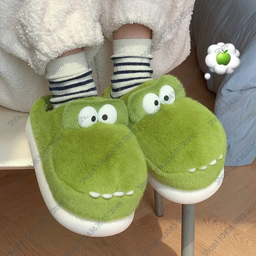 Cute Crocodiles Single Band Winter New Women Slipper Soft Heel Platform Fur Warm Indoor Comfortable Home Fluffy Home Slippers