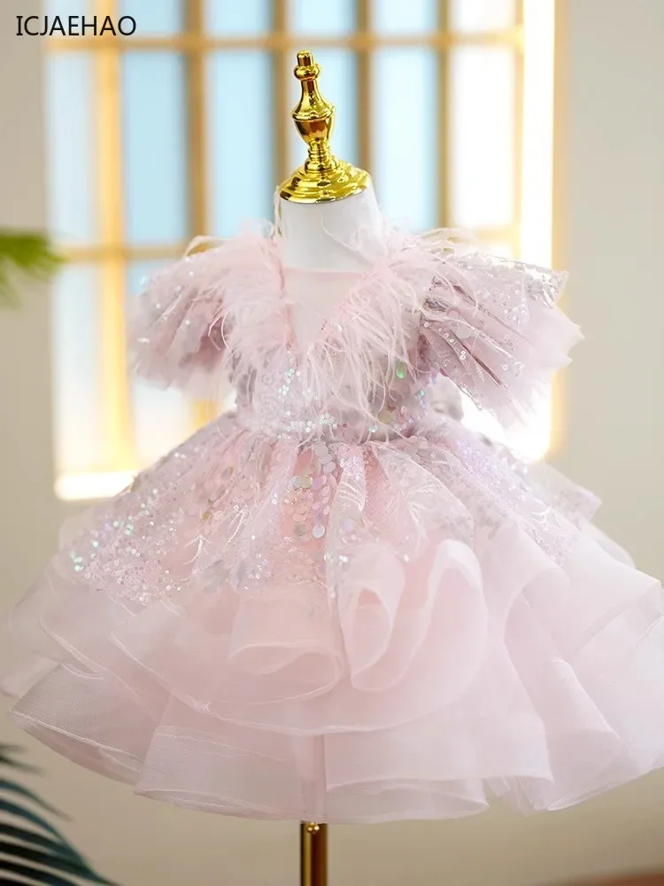 ICJAEHAO Flower Party Kids Ball Gowns Fluffy Weddings TeenagersGirl Luxury Shiny Feathers Dress for Children Matching Birthday