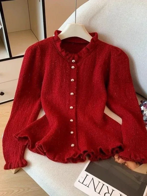 

Korean Sle Lazy Faion Knitted Cardigan Women's Long Sve round Ne Polyester Fiber Spring Autumn Winter Seasonal Top