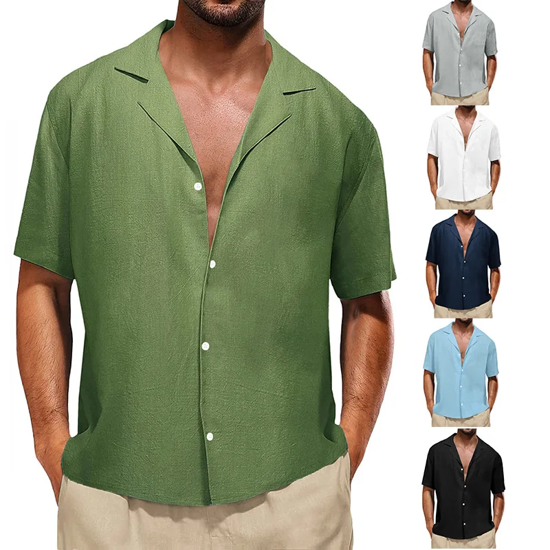 New Cotton Flax Hot Selling Men\'s Button Short Sleeve Shirt Summer Solid Color Collar Casual Beach Style