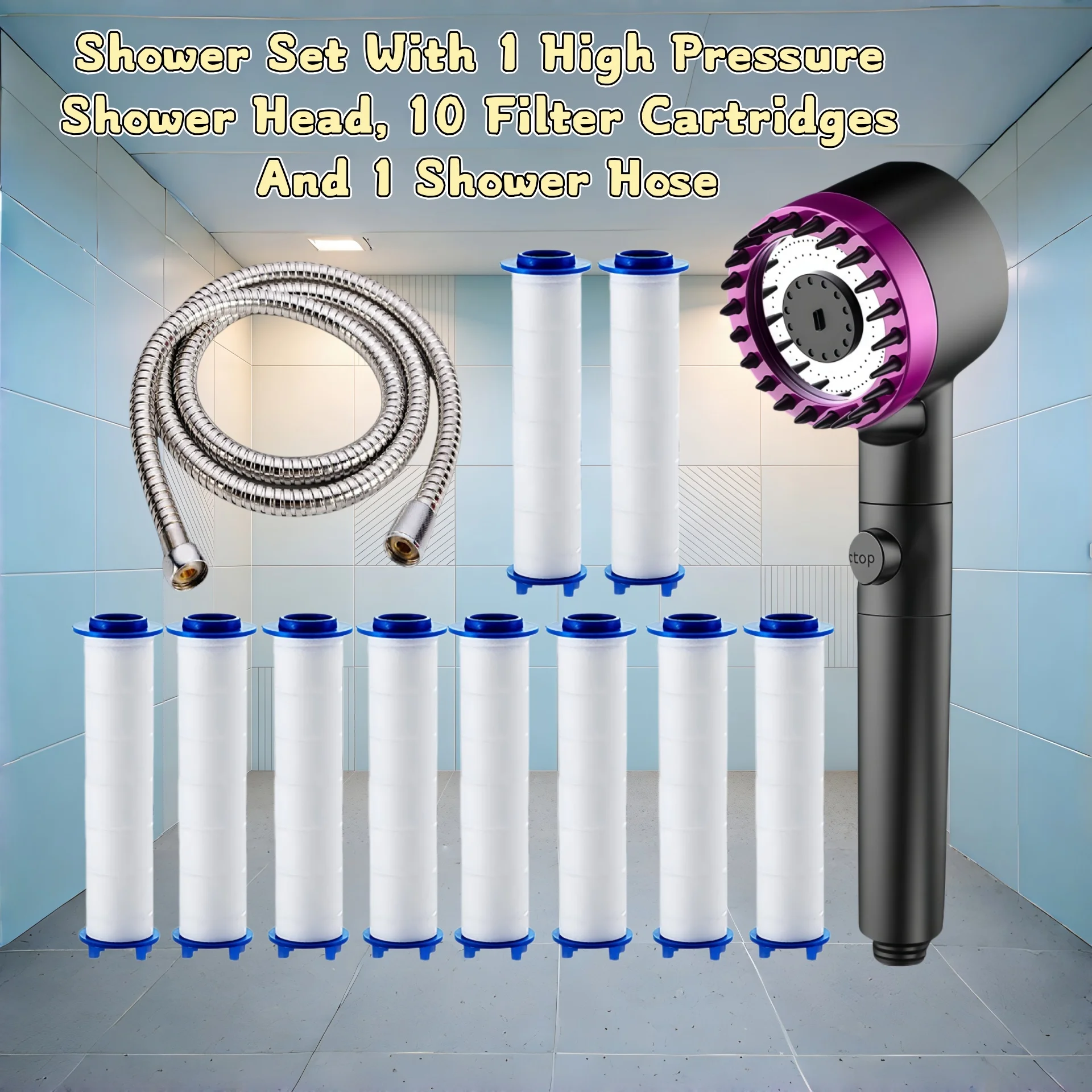 

12PCS Black Purple High Pressure Water Saving Shower Head Set 3Modes Adjustable One Key Stop with 10 Filter 59in Shower Hose