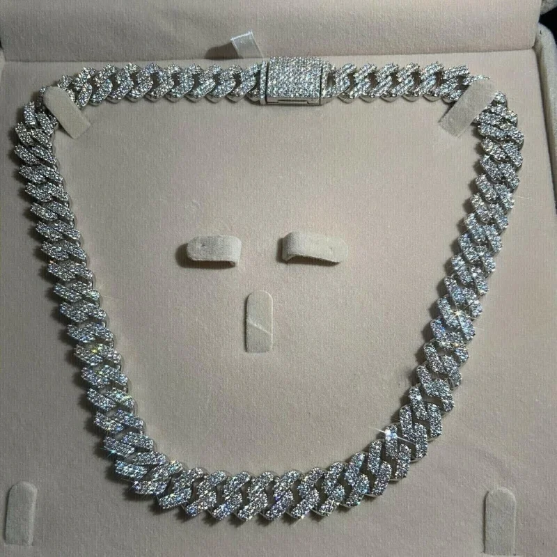17ct Round-Cut 12mm Cuban Link 20 Inch Chain made with Tester Pass Real Moissanite and 925 Silver Silver, 14K White Gold Plated