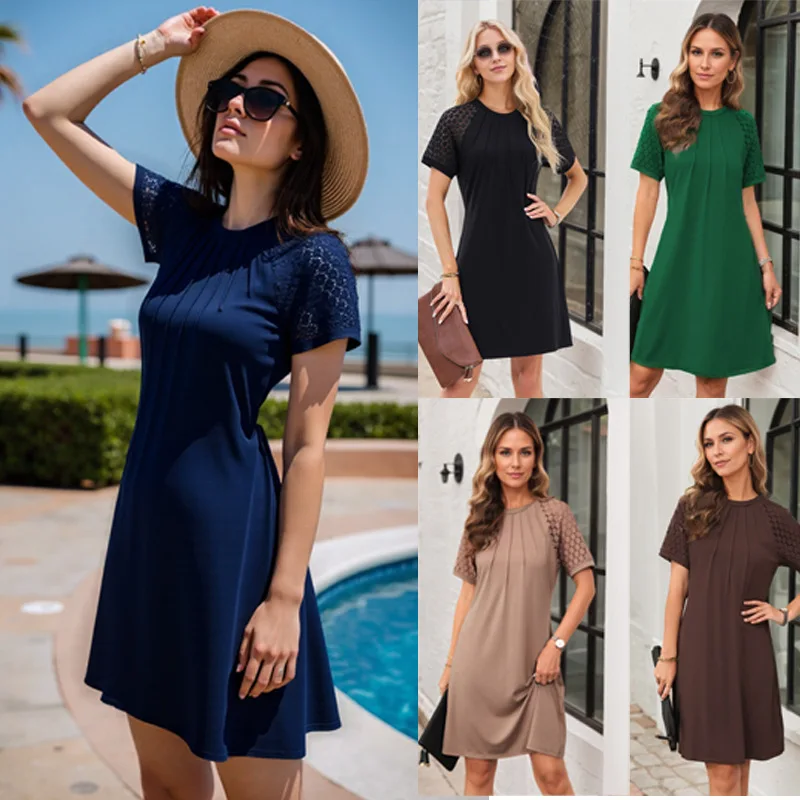 

2025 Spring & Summer New Women's Solid Color Lace Cutout Dress Short Sleeve Round Neck Crinkled Dress Lightweight Breathable