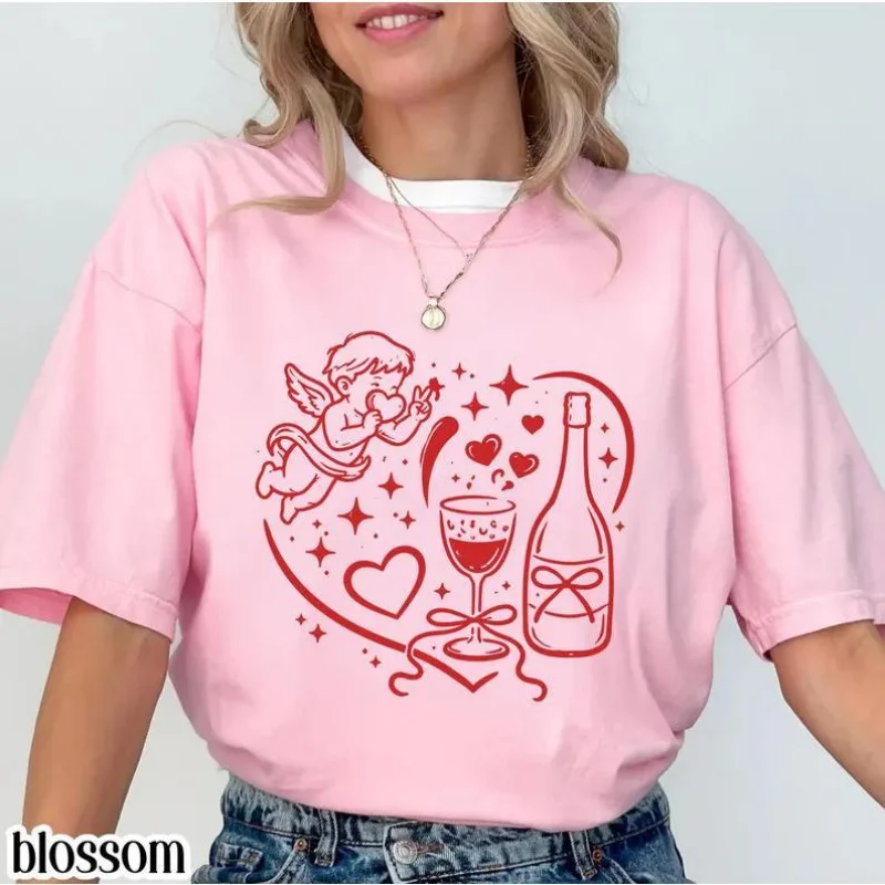 

Valentine Shirt Wine Lover Valentine Tee Cute Romantic Heart Graphic Valentine Gift for Her Round Neck T-shirt Short Sleeved top