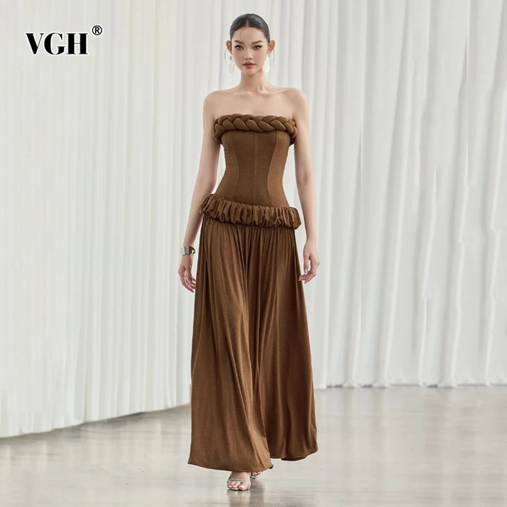 

VGH Designer Solid Spliced Folds Slimming Dresses For Women Strapless Sleeveless Backless High Waist Elegant Dress Female New