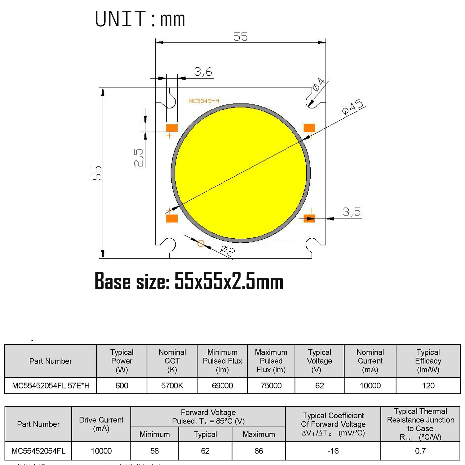 5700K 600W COB LED Matrix Copper Bracket 62V10A 55X55m High Power LED Chip 2243 66000lm-72000lm