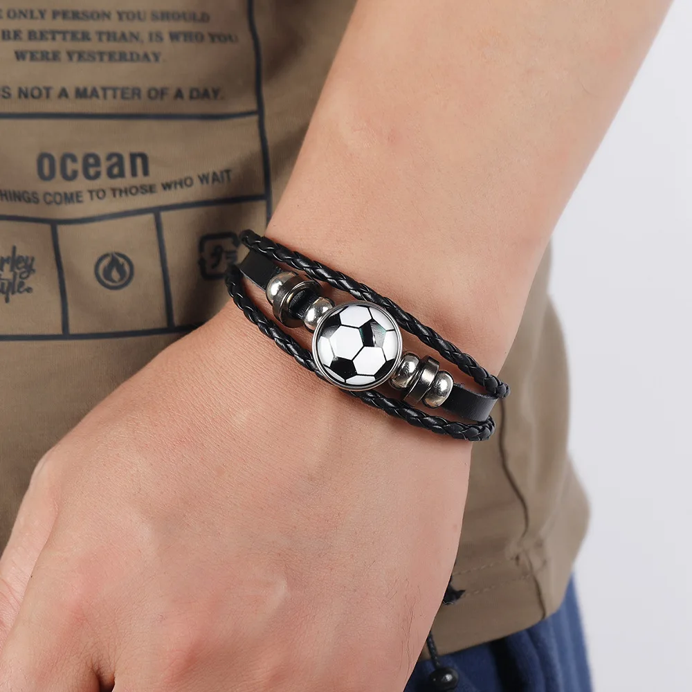 New Football Sport Bracelet For Men Soccer Basketball Tennis Charm Braided Leather Bracelet Women Adjustable Chain Jewelry Gift