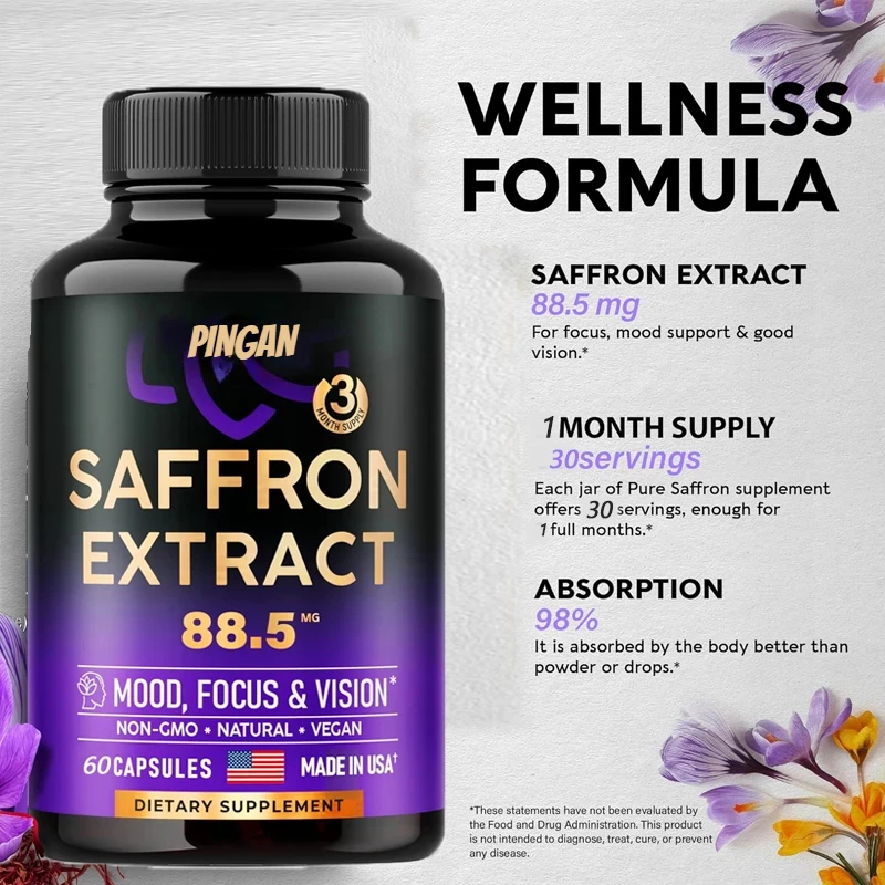 

Natural Saffron Supplement Mood | Focus | Vision | Energy Support - Male and Female Eye Health - Non GMO -60 Capsules,