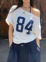 Summer Women Y2K Vintage Streetwear Korean 84 Print One Shoulder Short Sleeve T-shirt Tops White Tshirts Tees 2000s Clothes