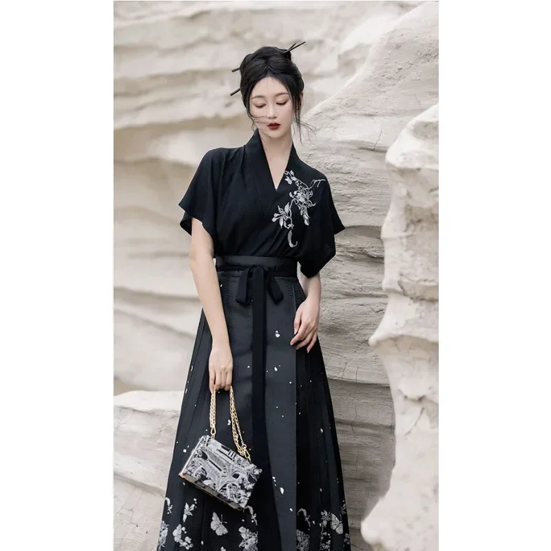 Gothic Style Black Cross Neck Blouse Printed Butterfly Horse Face Skirt Chinese Hanfu Women Ancient Princess Cosplay Costumes