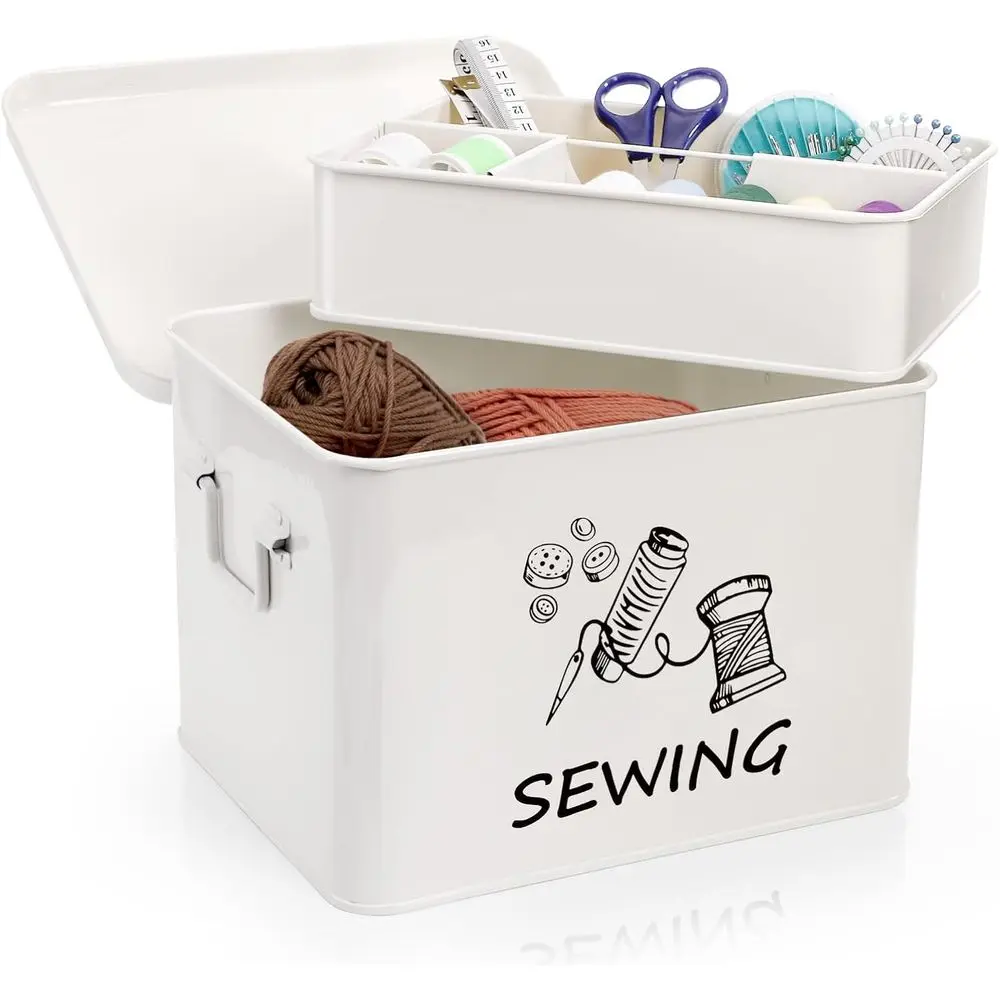 

Sewing Box with Removable Tray, Metal Sewing Box Organizer with Side Handles, Large White Farmhouse Sewing Basket for Sewing Sup