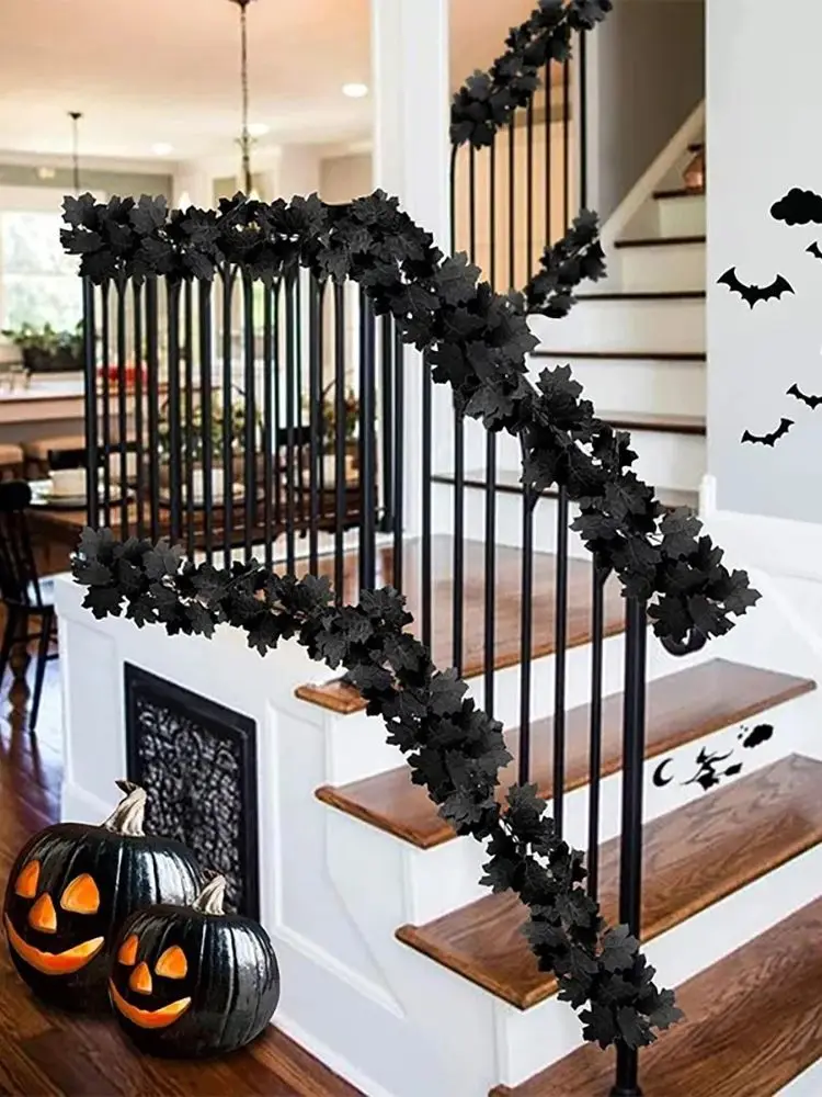 Feuilles d'eucalyptus noires tiges guirlande de feuilles d'érable vignes artificielles Halloween décor de noël pour la maison chambre bricolage décoration de mariage