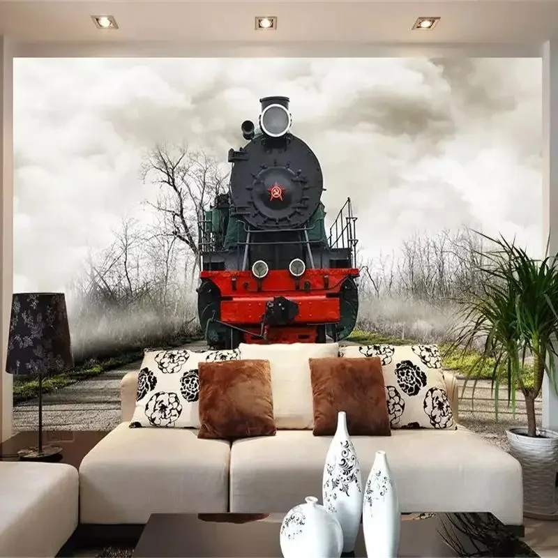 Custom Wallpaper 3d mural retro nostalgic black and white steam train cafe bar background old Shanghai architecture nostalgic