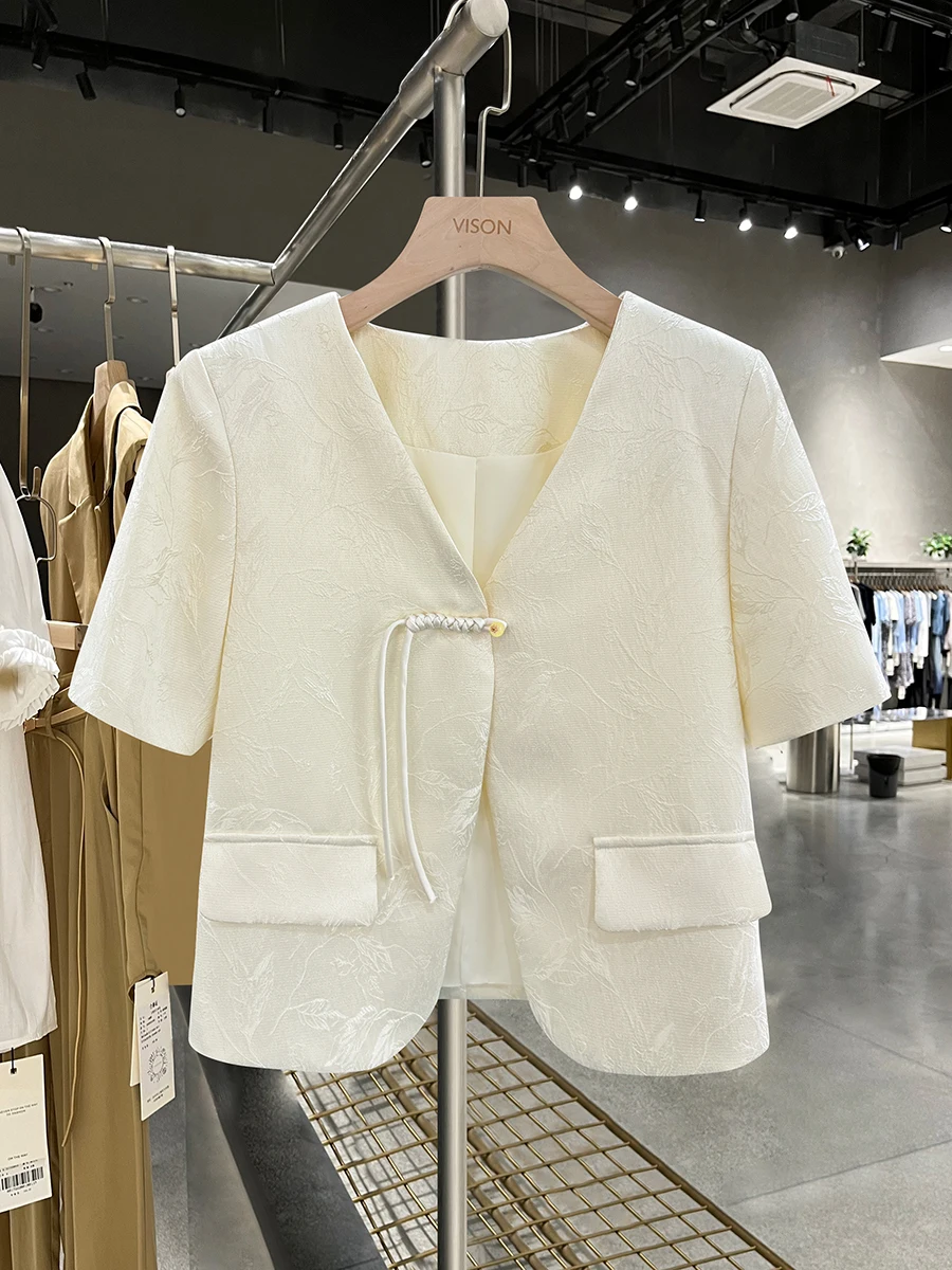 

Модный светлый китайский костюм-жакет для женщин, летний тонкий, новинка, уличный стиль, на пуговицах, из полиэстера...