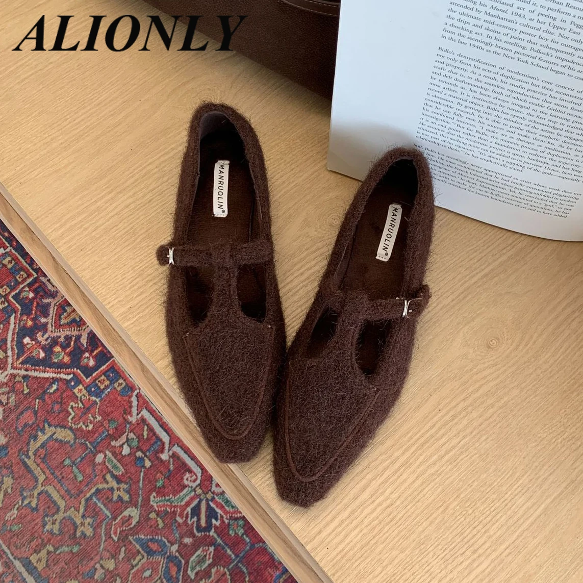 Alionly 2026 New Lamb Wool Inner Slippers Pointed End Imitation Suede Short Heel Outer Slippers Color Block Woman Shoes