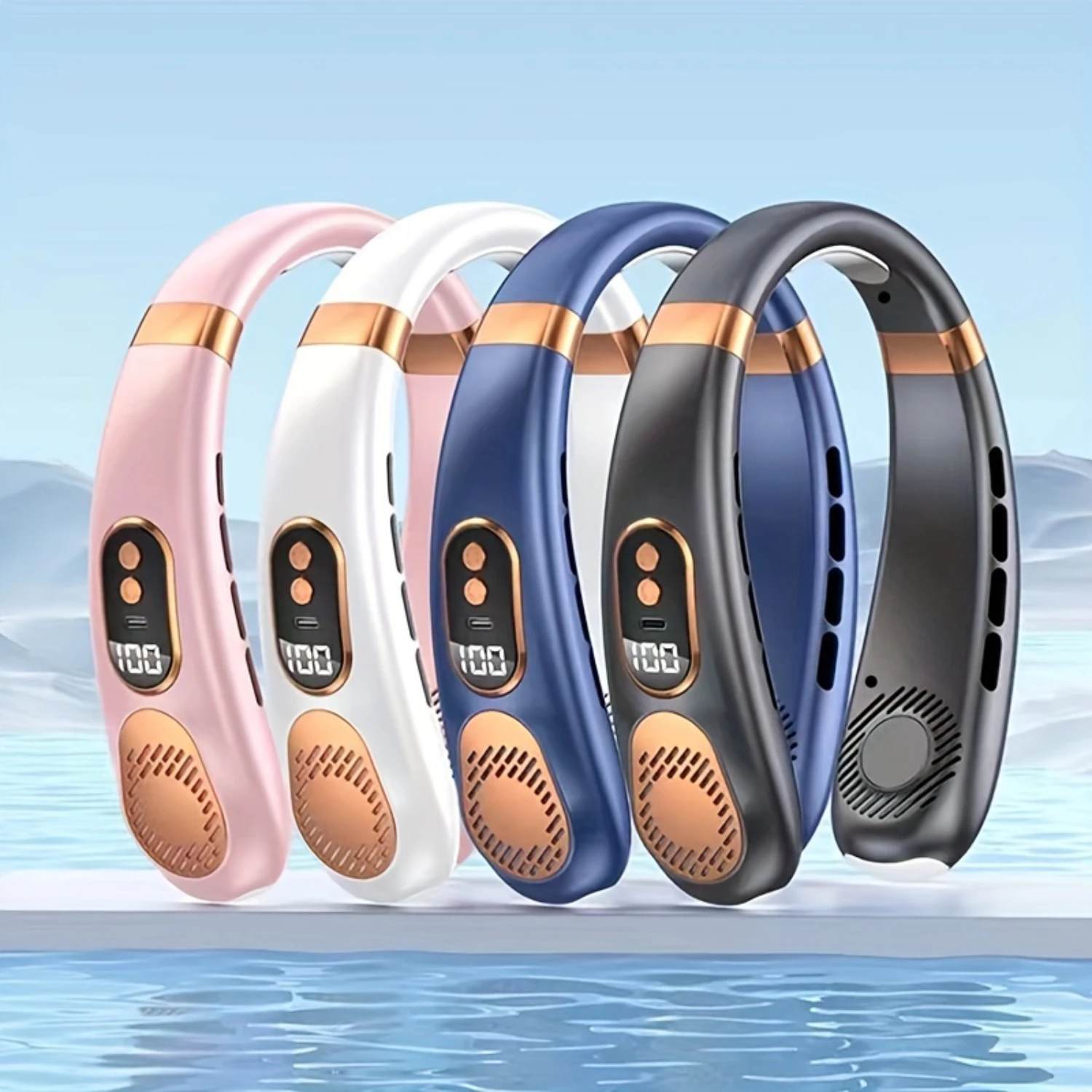 مروحة رقبة محمولة بـ 5 سرعات - تدفق هواء قابل للتعديل، قابلة لإعادة الشحن عبر USB، خالية من الشفرة، كتم الصوت، تصميم معلق لارتداء مريح - مثالي