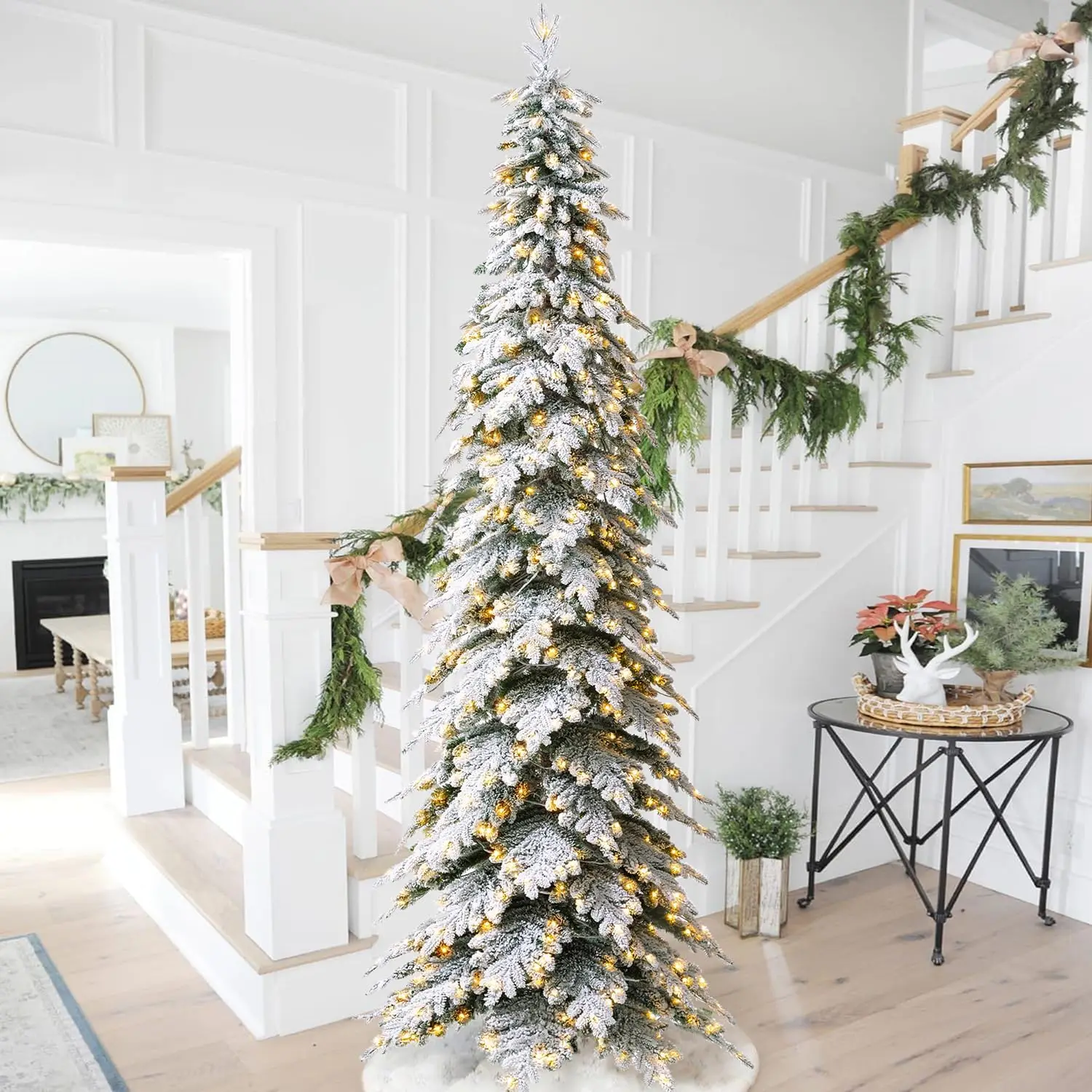 

11ft Pre-Lit Flocked Pencil Spruce Artificial Christmas Tree with 700 Warm White Lights and Sturdy Metal Stand for Home, Office