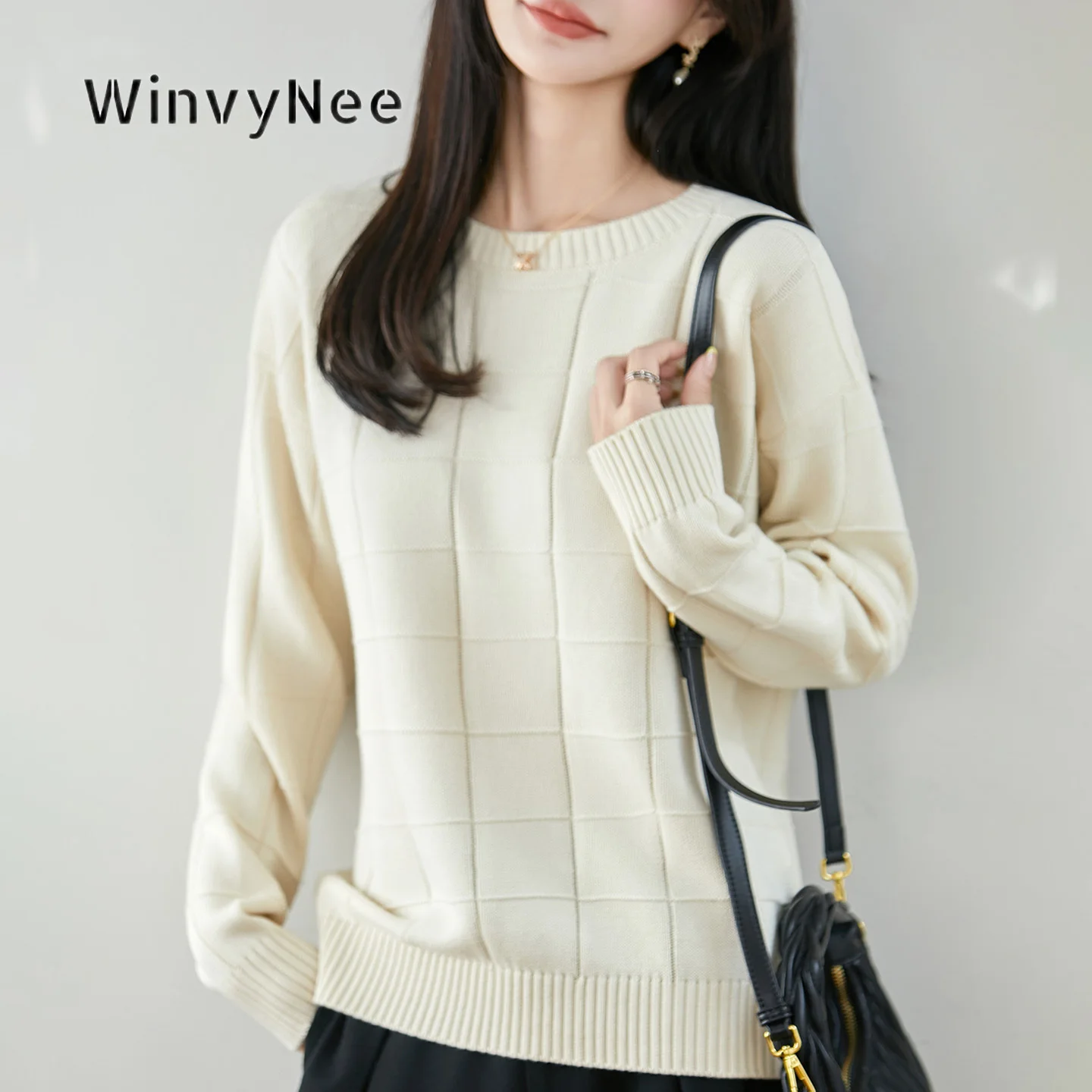 WinvyNee Women Knitted Top 100% Cotton Checkered Drop Shoulder Crew Neck Soft Breathable Loose Daily Basic Outer Piece ZA1092055