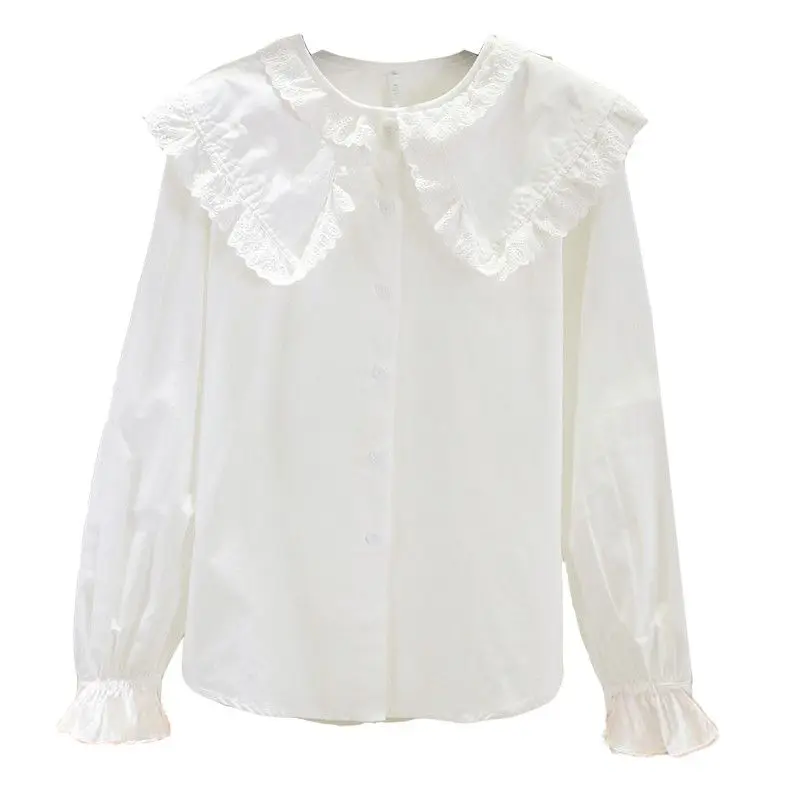 قميص بناتي أبيض للربيع والخريف 2026 نمط كوري جديد أنيق بأكمام طويلة وياقة مكشكشة من الدانتيل وطبقة أساسية للأطفال #6