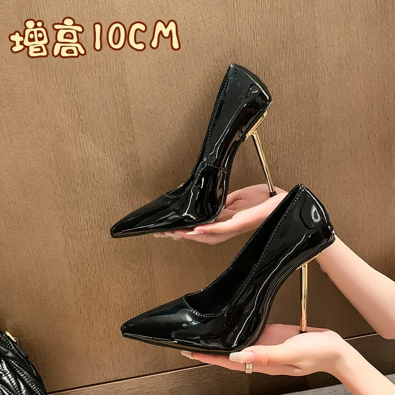 Ultra-fine steel needle women's high heels auto show metal heels and singles temperament pointed toe black singles women