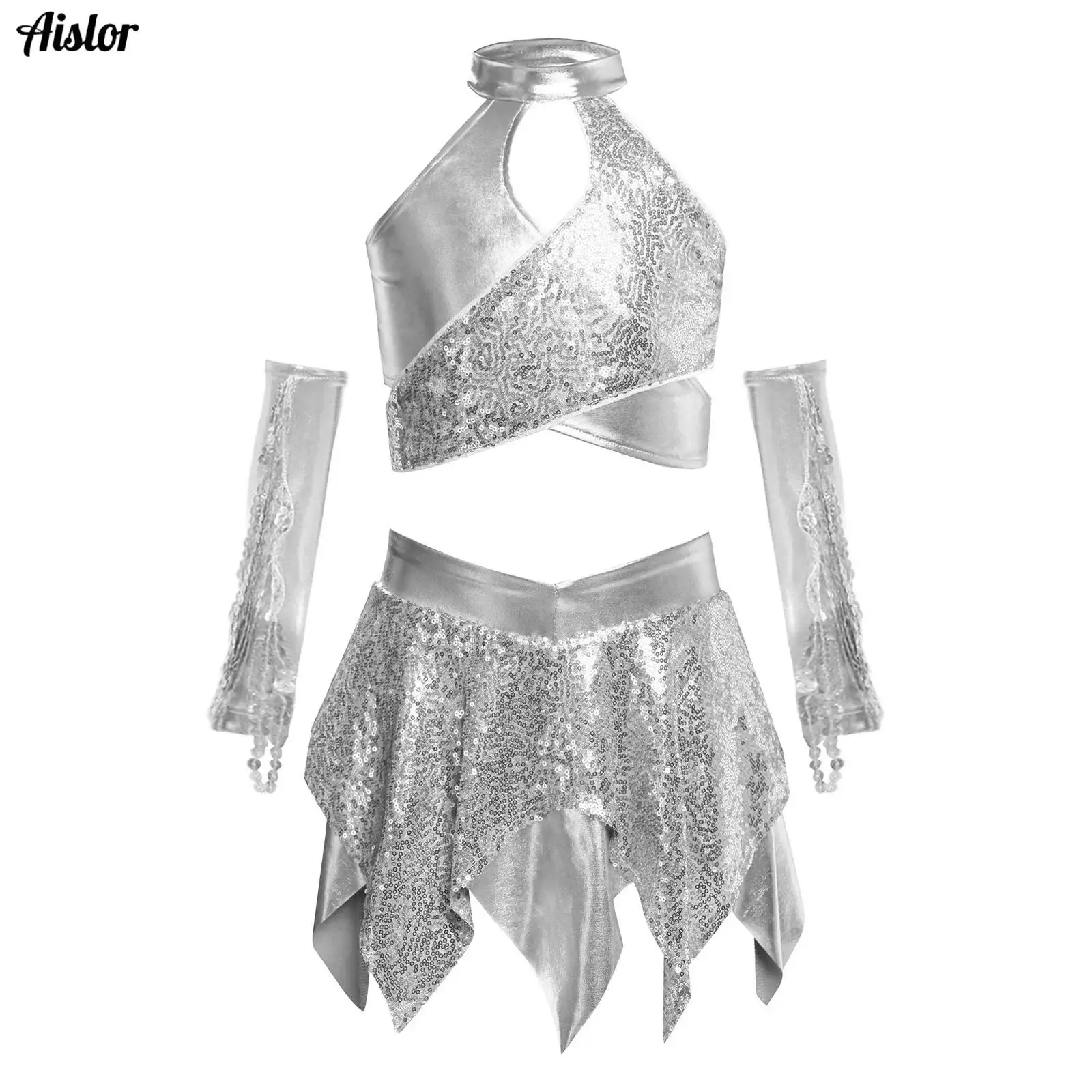 

Shiny Sequins Clothes Set for Kids Girls Jazz Dance Ballet Gymnastics Leotard Crop Top+Skirt+Gloves Hip Hop Ballroom Performance