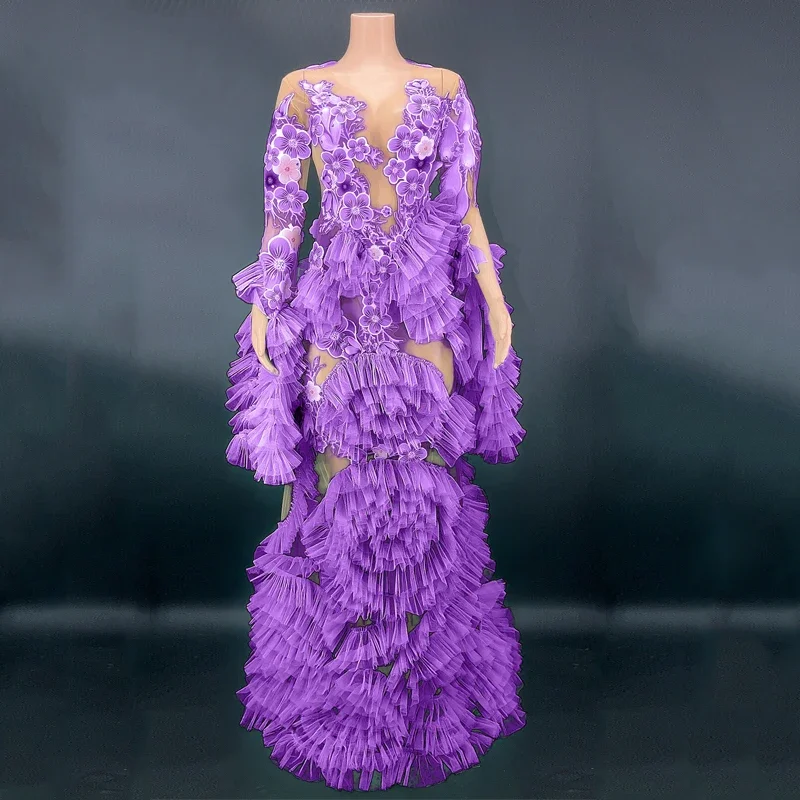 متعدد الألوان لزجة زهرة فستان طويل مثير الشاش زائدة مساء اللباس عيد ميلاد احتفال الزي المرأة المرحلة زي